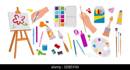 Art kit. Palette tool supplies, painter equipment, watercolor and gouache paint in tubes and boxes, artist brush and pencil. Drawing color symbols, creative markers. Vector cartoon flat isolated set Stock Vector
