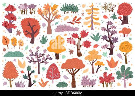 Fall tree. Autumn bush, November flat oak and marble branch, leaves for landscape. Season wood forest with different orange and yellow dry foliage, doodle nature garden. Vector cartoon isolated set Stock Vector