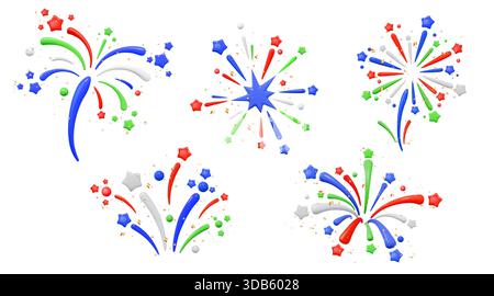 3d firework. Festive party day, national celebrate star or child birthday and wedding, memorial fire. Art decoration, confetti composition, firecracker icon. Vector glossy render isolated elements set Stock Vector