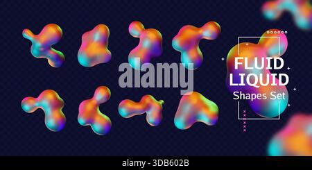 3D liquid shapes. Fluid chrome form. Metal blob or gradient hologram. Iridescent rainbow gloss. Glitch wave and metaball spheres. Metallic blotches. Amorphous forms. Vector wavy abstract elements set Stock Vector