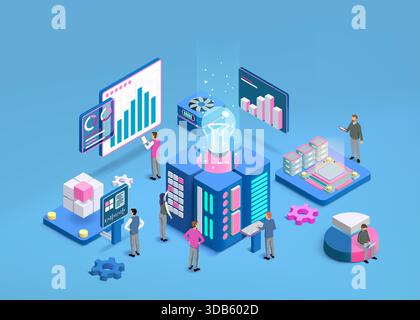 Isometric data infographic. Digital business technology. 3D people work solution. Information archive analysis. Computer analytic workplace. Dashboard workspace. Monitoring management. Vector concept Stock Vector