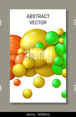 Abstract poster. 3d balloon different bright colors, colorful plastic sphere dynamic background, minimal geometric flyer template, circles rainbow, flying glossy render balls. Vector illustration Stock Vector
