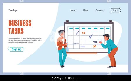 Business people landing page. Time management. Tasks schedule organizer. Website design template. Businessman productivity. Work plan at whiteboard. Agenda and goals deadline board. Vector background Stock Vector