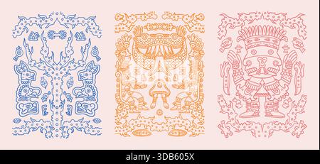 Mexican pattern. Aztec African or Mexico elements, tribal Africa texture or Peruvian maya ethnic tribe line art. Posters or print ornament design, vector vintage monochrome isolated outline shapes set Stock Vector