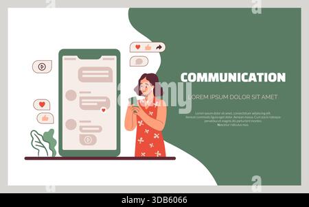 People mobile communication landing page. Woman chatting online messages. Smartphone screen. Messenger interface. Phone application for internet mailing. Website design template. Vector background Stock Vector