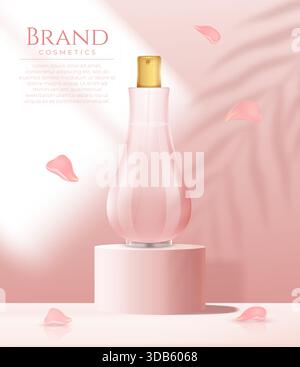 Pink perfume podium. Cosmetic on studio on background with shadow leaves and window light. Realistic flask bottle standing on 3d round display stand. Luxury beauty product advertising vector mockup Stock Vector