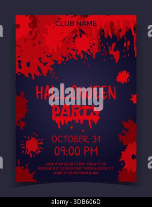 Halloween party banner. Blood drip splatters. Stain horror drops. Scary bloodstains. October holiday festival. Evil event. Autumn spooky celebration flyer. Vector invitation poster design template Stock Vector