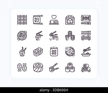 Japanese food. Asian sushi icons. Japan or Thai cuisine for Asia restaurant menu. Tuna sashimi. Nigiri or maki roll box lunch. Rice onigiri. Noodle bowl with and chopsticks. Vector line symbols set Stock Vector