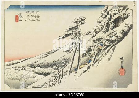 Utagawa Hiroshige Kameyama Clear Weather after Snow 1833 color woodblock print Tokaido winter scene crisp calm mood. Stock Vector