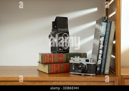 Vintage MPP Microcord and Zorki film cameras with old photography books  on a 1970's Ladderax wooden shelf. Stock Photo