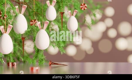 White egg golf ball with bunny ears hang on green branches, celebrating Easter with festive decor. 3d rendering Stock Photo