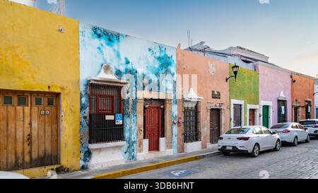 Campeche, Mexico, Row of colorful colonial houses with weathered facades in the historic city of Campeche, Stock Photo