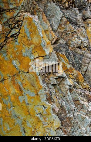 Yellow colouration of vertical slate rocks in the Andes of northern Argentina near Tilcara Stock Photo