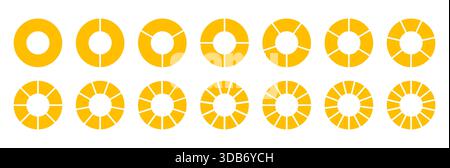 Wheel round divided diagrams with one, two, three, four, five, six, seven, eight, nine, ten, eleven, twelve, thirteen, fourteen segments. Circle Stock Vector