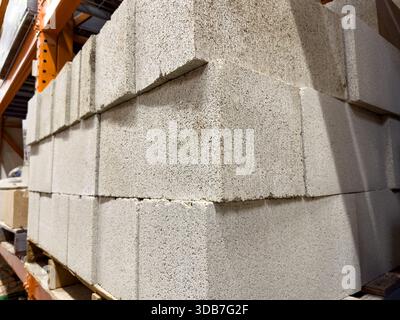 A view of a stack of concrete blocks, on display at a local home improvement store. Stock Photo