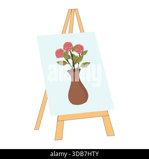Canvas on an easel depicting a bouquet of roses in a vase. Vector illustration isolated on a white background. Stock Vector