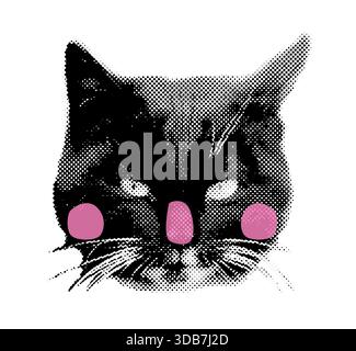 Black cat halftone collage face with pink cheeks and nose, Vector half tone trendy half tone animal kitty head, modern pop style Stock Vector