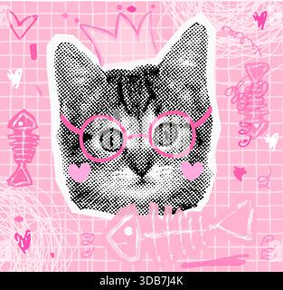 Cute vector girly princess halftone collage with cat face with crown, doodle fish bones half tone fun kitty head on pink plaid paper background Stock Vector