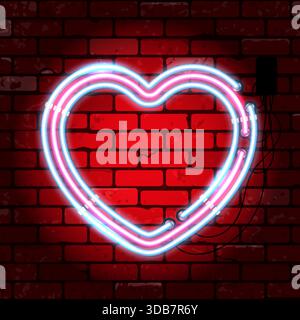 Valentines day neon signboard with heart. Bright night signboard brick wall sign. Vector illustration with realistic neon icon Stock Vector