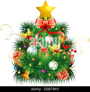 Christmas Tree with Candy, Fir Branches, Mistletoe and Gift on Red Wooden Boards background, vector illustration. Stock Vector