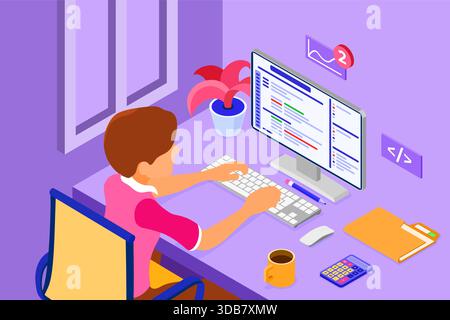 Software engineer developing program. Man sits at computer table and programs in Home Office. Developer creating program. Banner with isometric charac Stock Vector