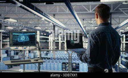Data center admin using AI LLM chatbot suggestions to improve rigs processing speed and efficiency. Server hub worker using large language model to support artificial intelligence workloads, camera A Stock Photo