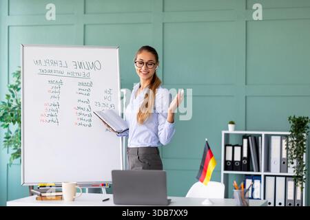 Cheerful Teacher Engages Students With Online German Grammar Lesson From Home Office Stock Photo