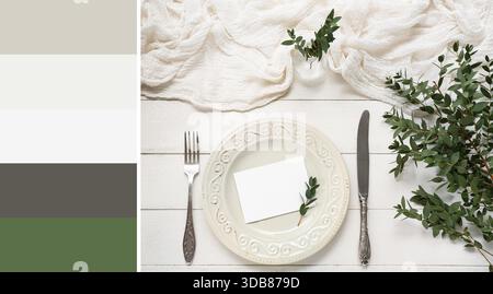 Plate with cutlery, invitation card and eucalyptus branches on white wooden background. Different color patterns Stock Photo