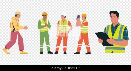Construction Workers Team in Safety Gear Flat Illustration Stock Vector