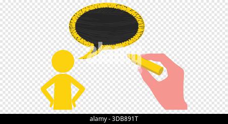 Creative Concept Illustration with Stick Figure, Speech Bubble, and Drawing Hand Stock Vector