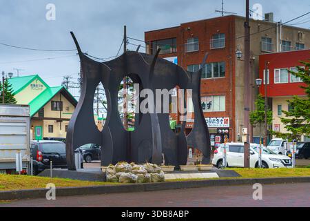 Muroran, Hokkaido, Japan - Oct 4 2024, panoramic view of the abstract metal sculpture by Kunimatsu Asuka on the square in front of Muroran Train Stati Stock Photo