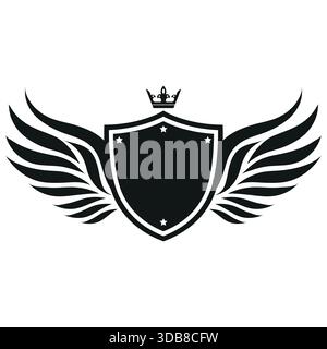 Shield logo illustration with wings and crown on a white background Stock Vector