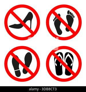 sign forbidden shoes, one can not walk barefoot in a red circle on a white background Stock Vector