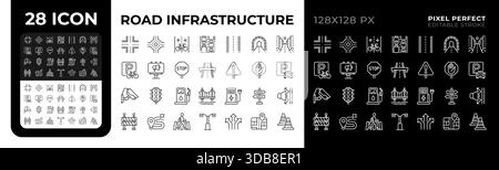 Road infrastructure pixel perfect black and white line icons set Stock Vector