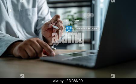 Businessman using AI chatbot interface on laptop for digital contact center support AI assistant interface on laptop providing information and intelli Stock Photo