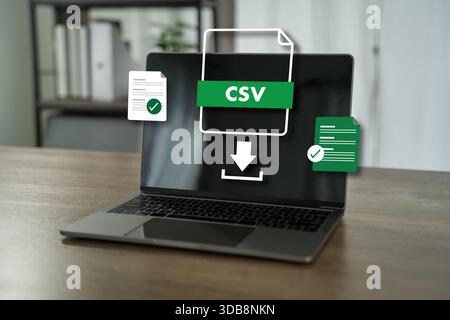 Report Download and Data Export workflow Export document sharing document tracking pdf document on computer Stock Photo