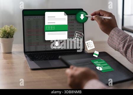 Report Download and Data Export workflow Export document sharing document tracking pdf document on computer Stock Photo