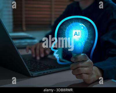 Artificial Intelligence concept with smart brain and AI chip on light bulb in head shape holding by tech developer hand. Machine learning, automation, Stock Photo