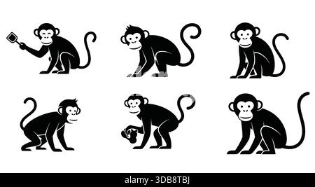 Set of Six Black Monkey Silhouette Icons Stock Vector