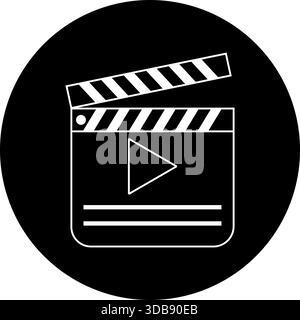 Clapperboard Icon - Black Video Symbol with Play Button for Media Production, UI Design, and Minimalist Graphic Elements Stock Vector