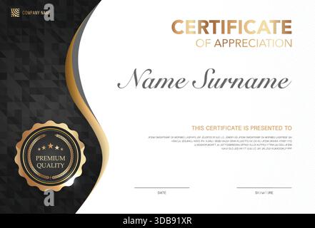 Modern certificate of appreciation template with elegant gold and black design, premium quality badge, customizable name and signature area. Stock Vector