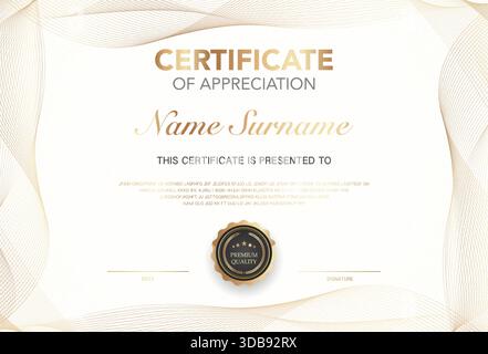 Modern certificate of appreciation template with elegant gold and black design, premium quality badge, customizable name and signature area. Stock Vector
