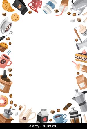 Coffee rectangular, frame, copy space, vertical template. Hand drawn cartoon Style design with different Coffee Theme objects. Vector illustration Stock Vector