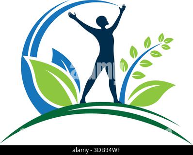 Health Wellness Fitness Icon with Plant and Person Logo Design Stock Vector