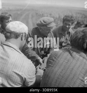 1970s. USSR. Donetsk region. A group of Soviet workers riding in the open back of a truck during the construction of strategic high-voltage 750 kV power lines. An older foreman in a cap tells a story while younger men in work clothes listen and smoke during a transport to the remote site. An authentic documentary shot vividly capturing the atmosphere of male camaraderie, collective labor spirit and daily life in the peaceful Donbas steppe before the war. Stock Photo