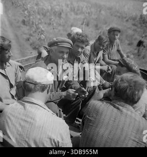 1970s. USSR. Donetsk region. A group of Soviet workers riding in the open back of a truck during the construction of strategic high-voltage 750 kV power lines. An older foreman in a cap tells a story while younger men in work clothes listen and smoke during a transport to the remote site. An authentic documentary shot vividly capturing the atmosphere of male camaraderie, collective labor spirit and daily life in the peaceful Donbas steppe before the war. Stock Photo