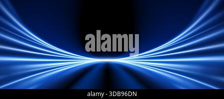 Radial motion blur creating dynamic tunnel effect with glowing trails. Blue light rays burst on dark backdrop for racing scenes, futuristic tech designs and fast paced digital artwork. Stock Vector