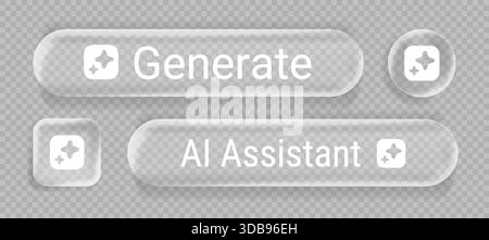 Liquid glass interface buttons for AI generate technology with rounded rectangular shapes, sparkles icon and text. Transparent frosted elements decorated by stars. Modern 3D ui app design assets. Stock Vector
