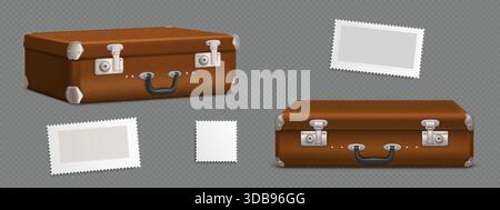Vintage leather suitcase and stamp set isolated on transparent background. Vector realistic illustration of old brown travel bag with metal lock and blank stickers, journey luggage, tourism accessory Stock Vector
