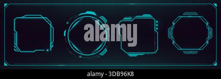 Futuristic HUD frame collection with glowing neon borders and digital interface elements. Tech game UI panels with cyberpunk screen bars, holographic boxes and sci fi frames on dark background. Stock Vector
